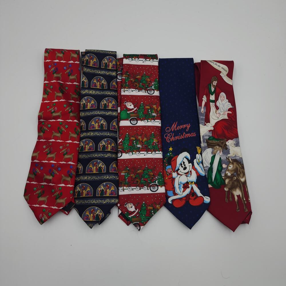 Vintage Christmas Mixed Lot of Five Neck Ties Holiday Religious